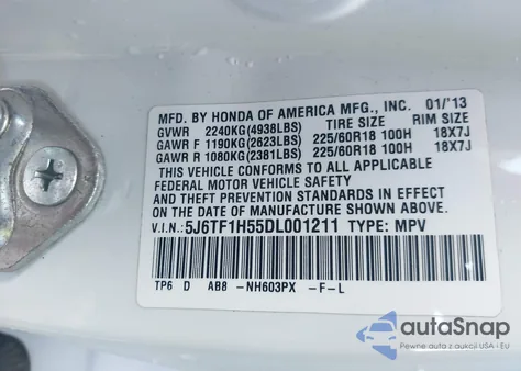 2013 Honda Crosstour Ex-L V6 from USA, damaged, VIN 5J6TF1H55DL001211